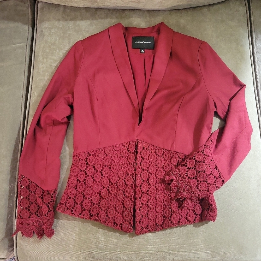 Jealous Tomato Women's Red Lace Trim Blazer